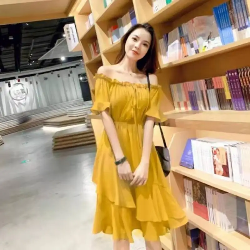 Retro Fairy Beach Dress Summer Yellow Chiffon Seaside Vacation Word Shoulder Female Solid Color | Мать и ребенок