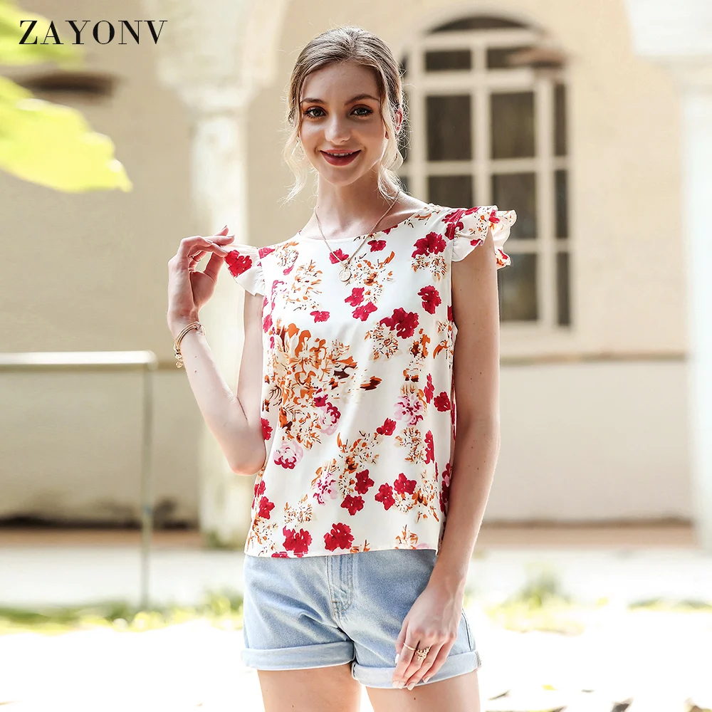 

ZAYONV Women's Floral Print Flying Sleeve Casual Blouse Tops