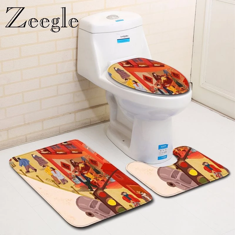 

Zeegle Bath Mat Set Anti Slip Bathroom Doormat Foot Mat Absorbent Toilet Pedestal Rug Flannel Soft Foot Mat Toilet Seat Cover