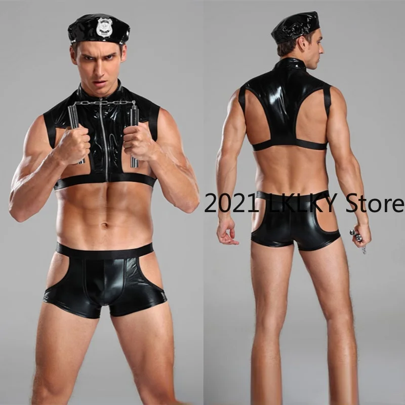 

fashion hot sale european clothing cosplay sexy lingerie for men erotic dancewear hollow out leather navy style designer sets
