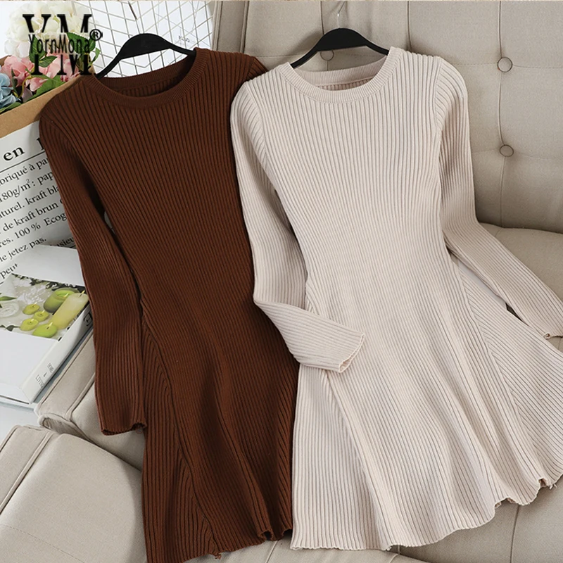 

YornMona 2020 Women Basic Autumn Winter Sweater Dress Solid Brief A Line Short Dress Female Long Sleeve Knitted Dress Vestidos