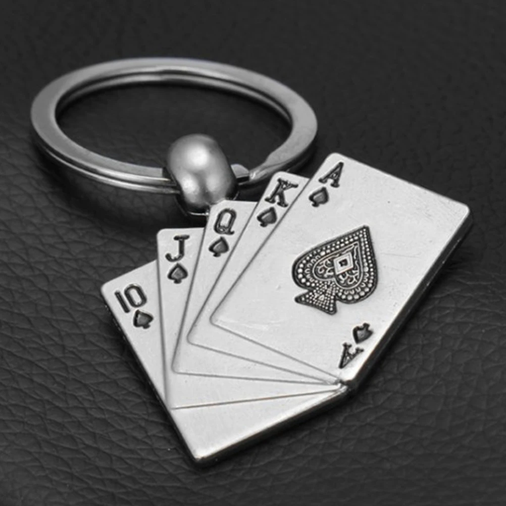 

1 Pc Keychains For Men Car Bag KeyRing Stainless Steel Jewelry Straight Flush Texas Hold'em Poker Playing Cards Gift Fashion