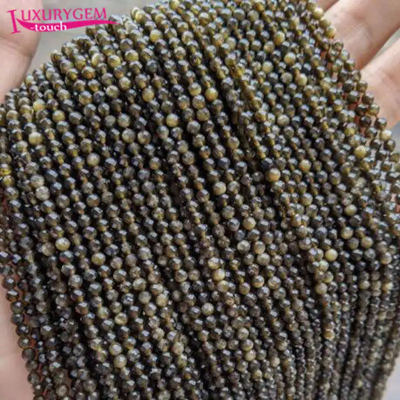 

High Quality 3mm Natural Gold Obsidian Stone Faceted Round Loose Spacer Beads Bracelet Necklace Jewelry Accessory 38cm b134