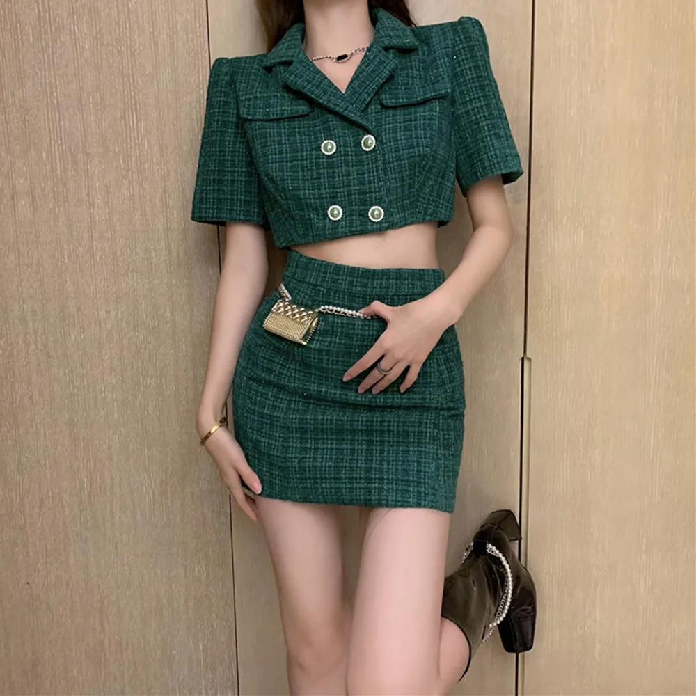 

Женский твидовый костюм из двух предметов, короткий пиджак и короткая юбка, весна-лето