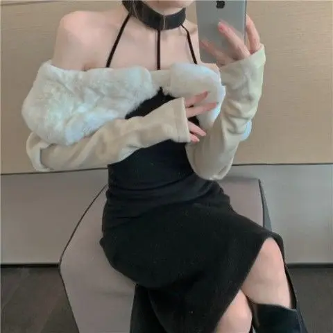 

Fashion Sexy Female Slim Halter Neck Square Collar Fur Collar Korean Retro Knitted Long Evening Dress