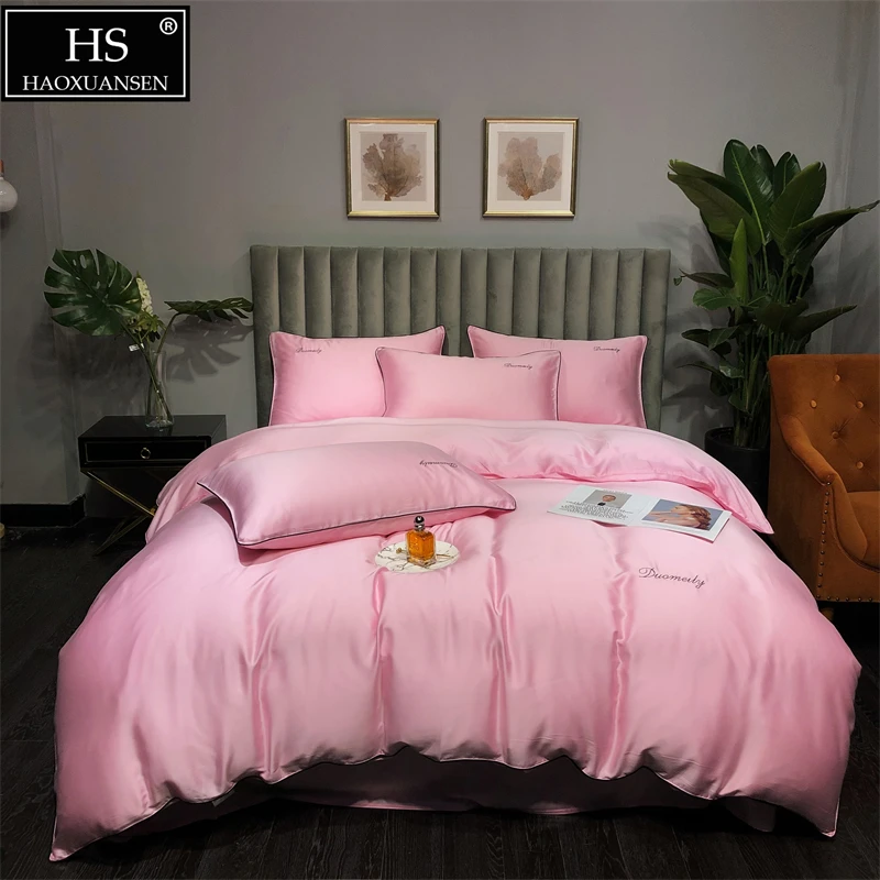 

Pink Tencel 500 Thread Count Fabric Quilt Cover 4Pieces Sets Thin Quilt Summer Comforter Adult Double Bed Cover Queen King Size