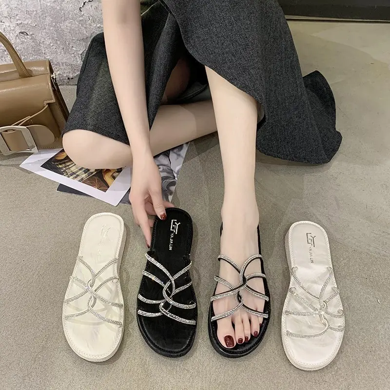 

Roman slippers women wear 2020 new summer open-toed cross thin belt rhinestone sandals and slippers beach shoes Z869