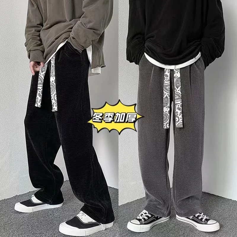 

Зимние плотные теплые спортивные брюки, мужские Модные повседневные брюки с поясом и цветочным принтом кешью, широкие штаны на шнурке, Мужс...