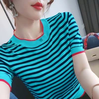 striped ice silk short sleeve t shirt female 2021 summer new loose large size knitted bottoming shirt student korean jacket