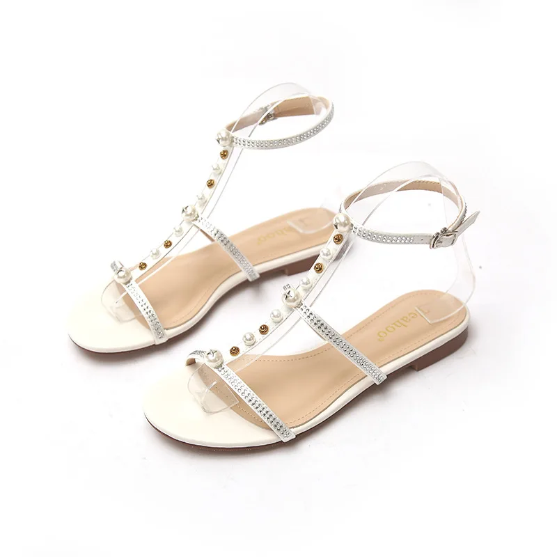 

2021 Sandals Flat Summer Shoes Woman All-Match Suit Female Beige New Without Gladiator Comfort Pearl Black Rhinestone Girls