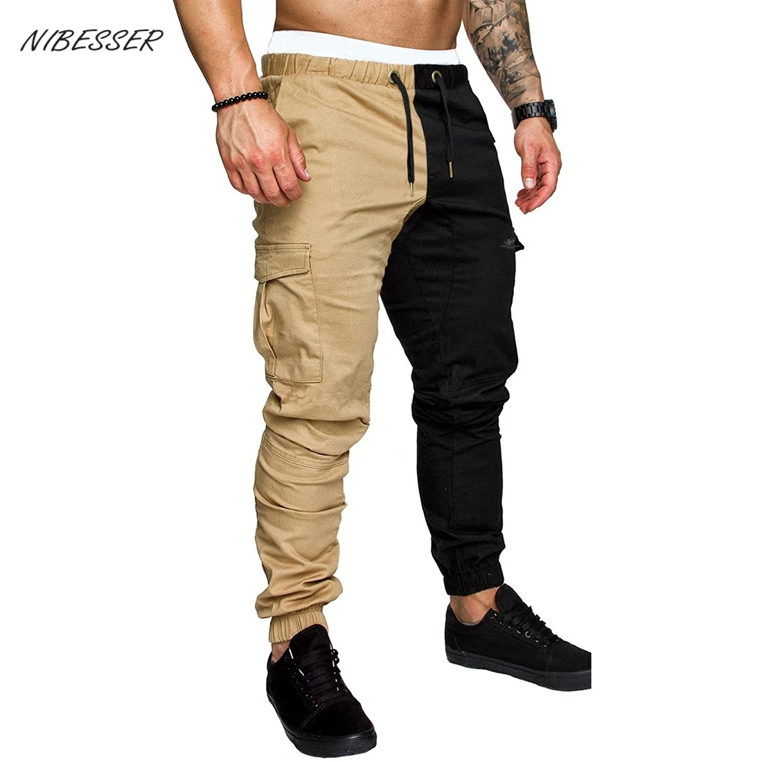 

NIBESSER Men Stitching Color Pants Sweatpants Drawstring Sportwear Elastic Waist Pants With Pocket Fashion Comfortable Trousers
