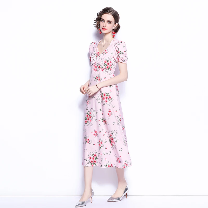 

Merchall 2021 Fashion Runway Summer Dress Women Elegant Floral Print V Neck Long Robe Ladies Party Sweet Pink Vestidos M62048