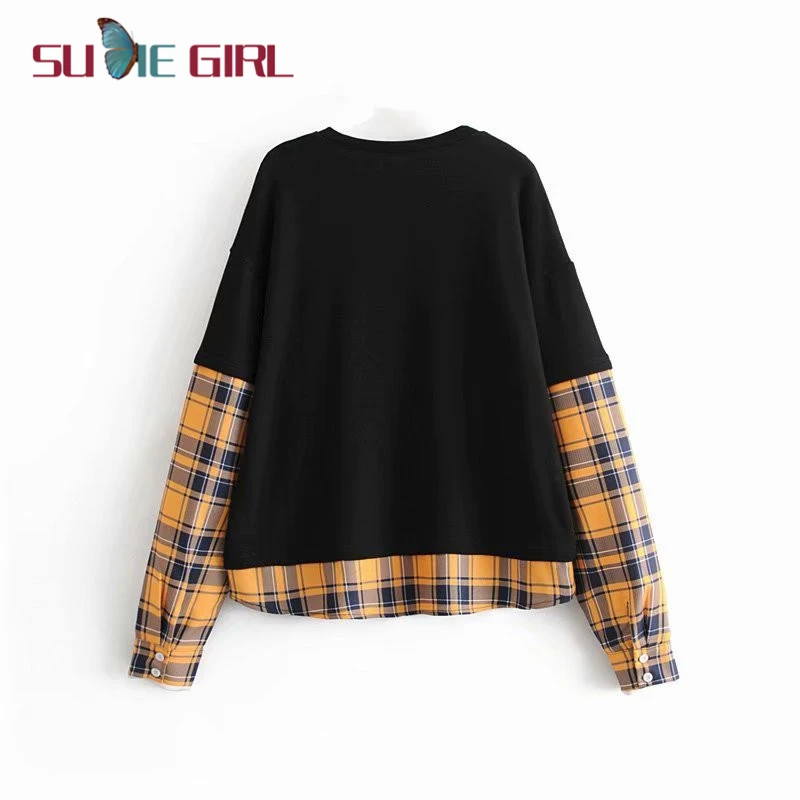 

SUDIE Girl Autumn and winter new women's fake two-piece plaid stitching round neck long-sleeve no hat