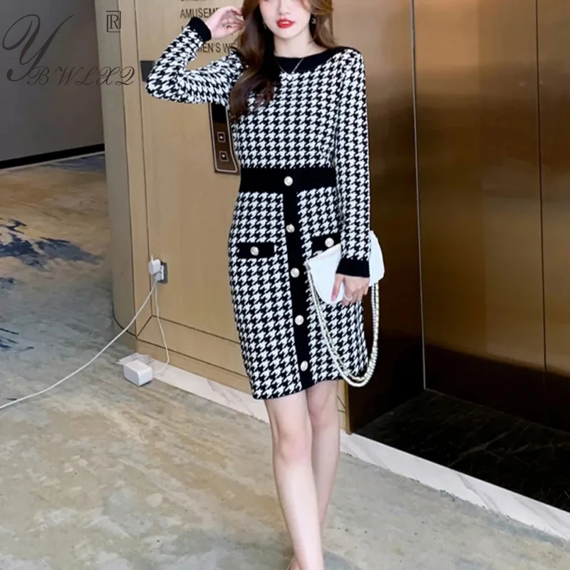 

Винтажное женское облегающее платье в клетку, модное элегантное приталенное платье-свитер средней длины с рисунком «гусиные лапки», женское трикотажное платье в Корейском стиле Харадзюку