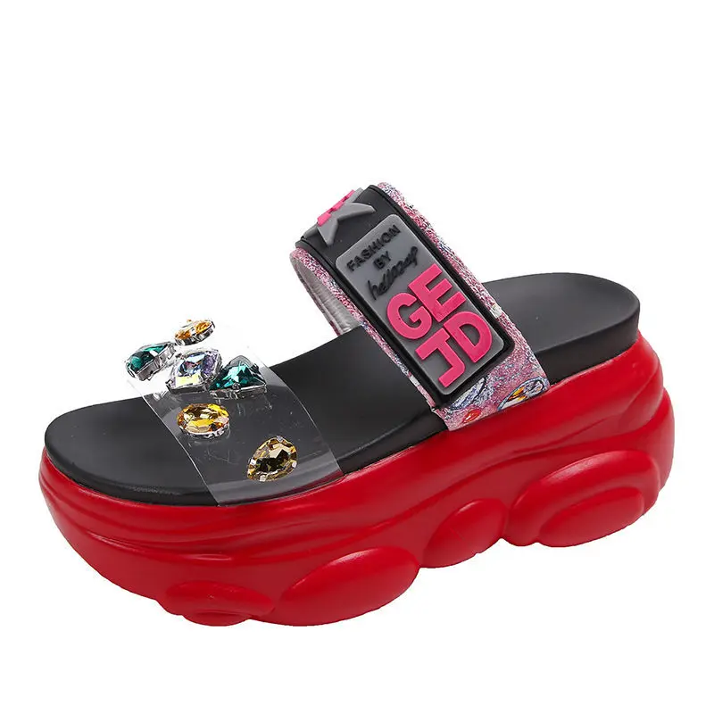 

Rhinestone Slippers Women's Fashion Outerwear 2021 New Platform Height Increasing Sandals Women