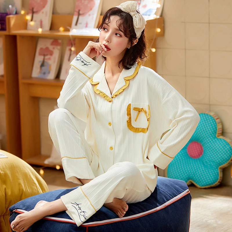 

Autumn Winter Female Pajamas Sets Sleepwear For Women Lovely Princess Style Lapel Long Sleeve Home Wear Mujer Pijama Nightwear