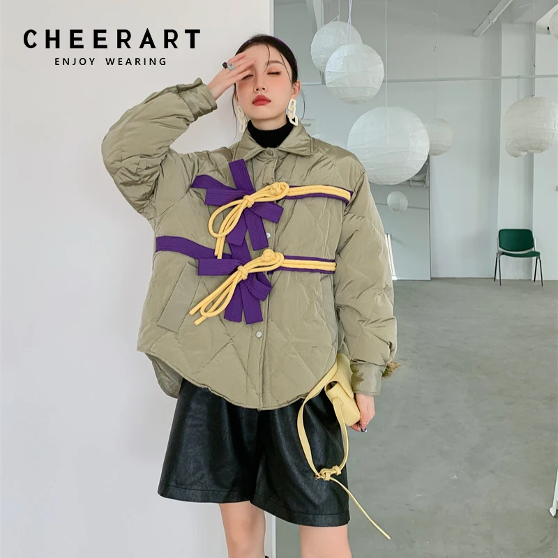 

CHEERART зимние парки, зеленые дизайнерские стеганые пальто, пуховая куртка для женщин 2021, модные пуховики в Корейском стиле
