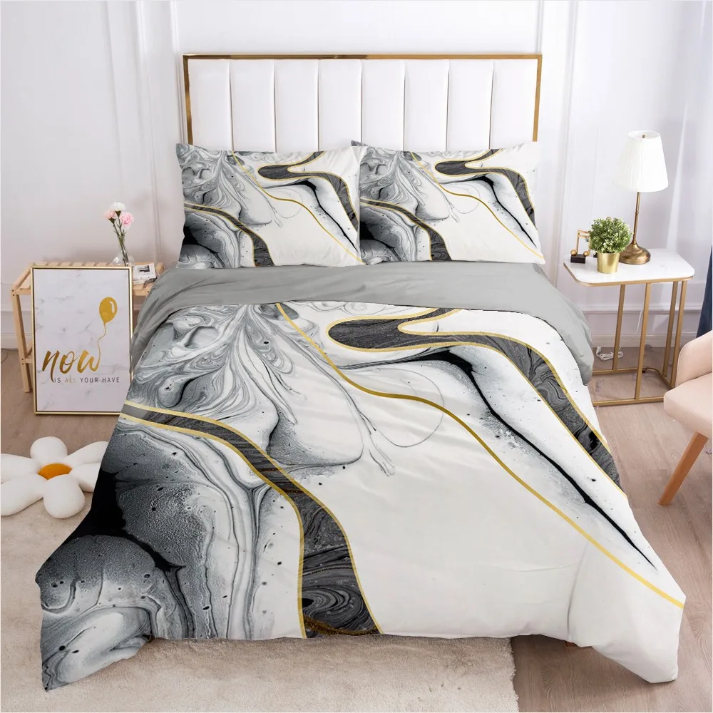 

3D Bedding Sets Quilt Covers Comforter Case Bed Linens Full Twin Double Single King Queen Size Marbling Design White