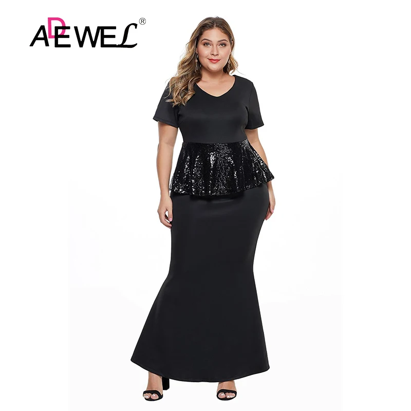 ADEWEL Черный блесток Пеплум Талия размера плюс женское вечерние ночные платья Vestidos