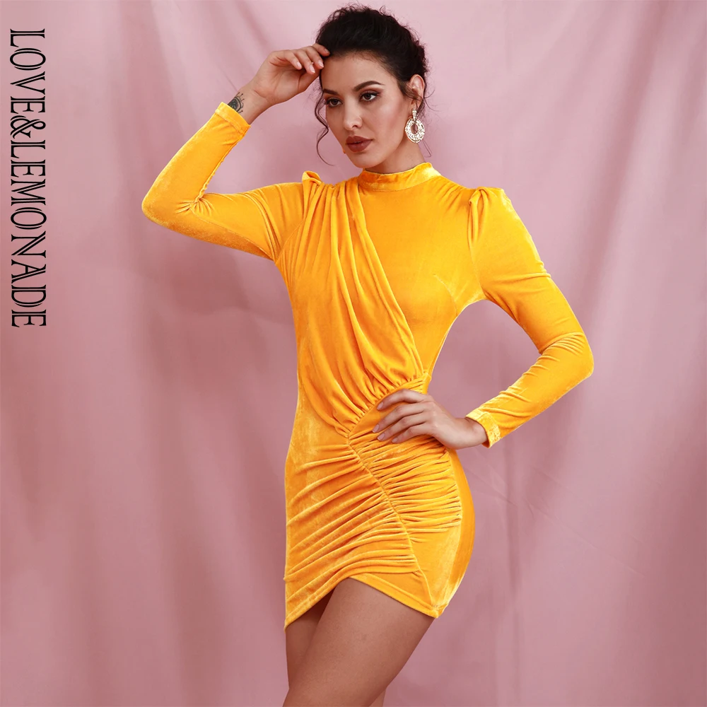 LOVE&LEMONADE, сексуальное, желтое, стоячий воротник, рукав, стежка, эластичное, светло-коричневый гусиный пух, облегающее, вечерние, мини-платье LM82166