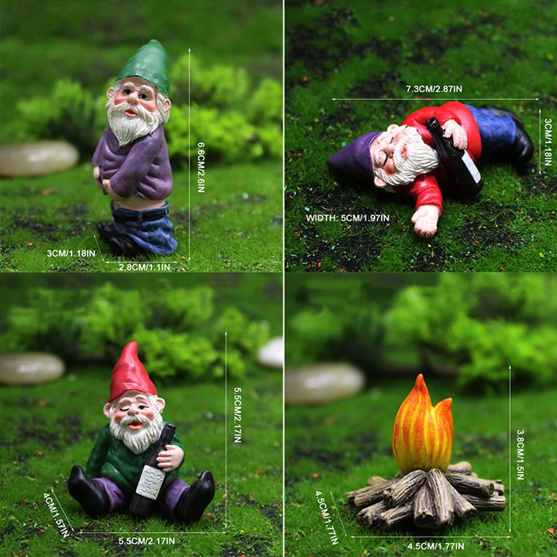 

4pcs Fairy Garden Resin Gnomes Accessories My Little Friend Drunk Gnome Dwarfs Statue Waterproof Rustproof Desk Garden Decor