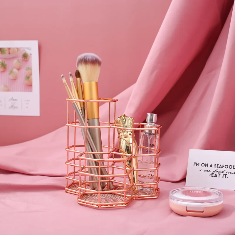 Держатель для кистей макияжа ведерко ручек шестигранный металлический