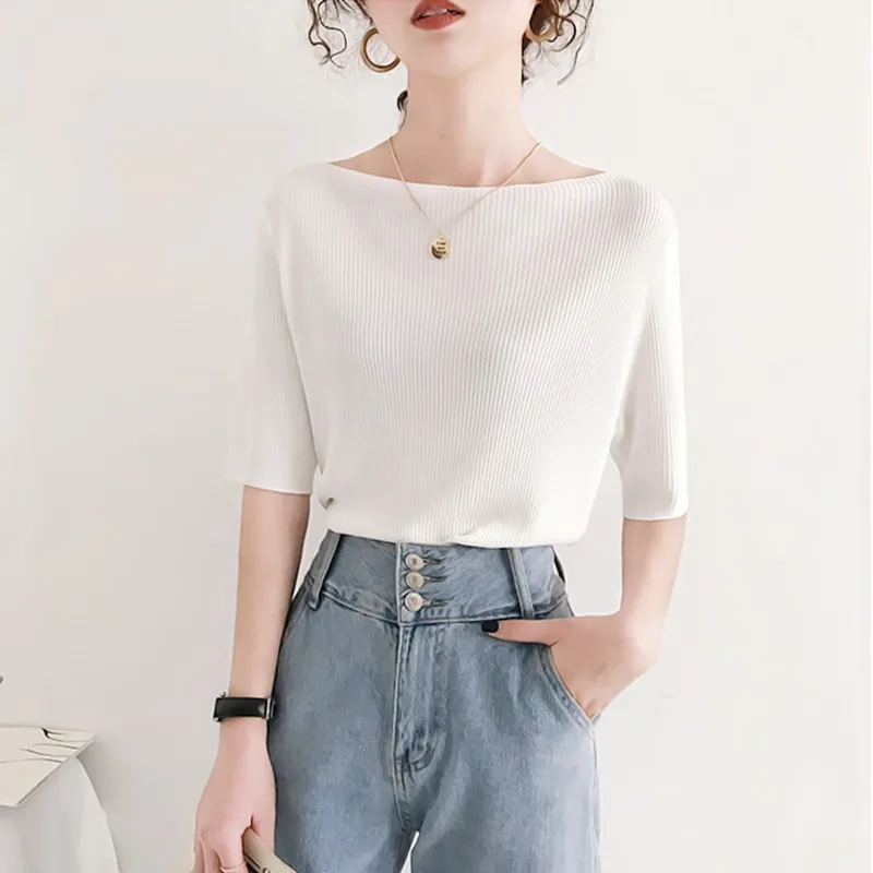 

Summer Women Short Sleeve T-shirts Slash Neck Knitted Loose Solid Korean Style Large Tops Casual Slender Chic Top
