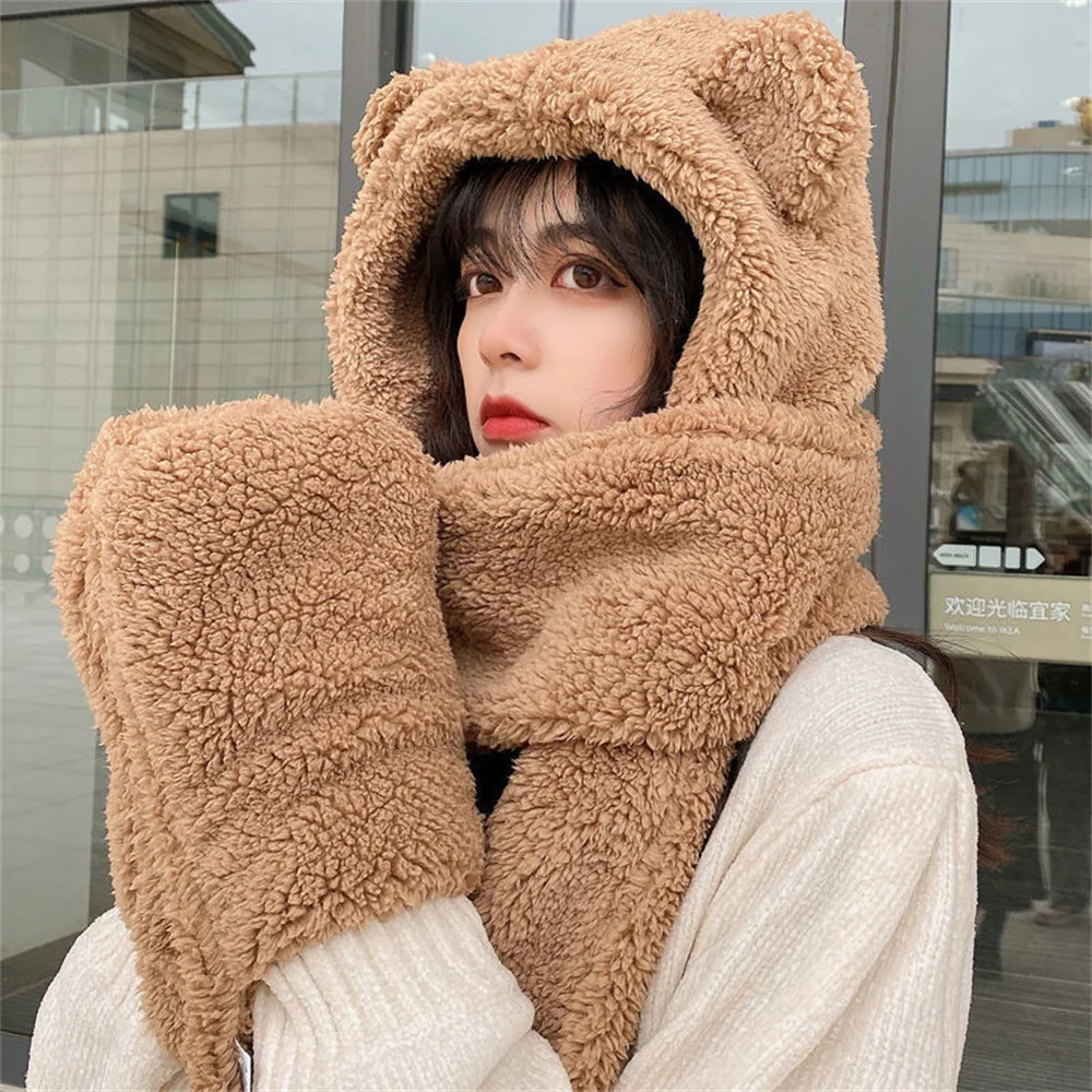

Fashion Winter Women Beanies Caps Warm Cute Bear Ear Hat Casual Plush Hat Scarf Set Women Earflap Earmuff Cold-proof Caps