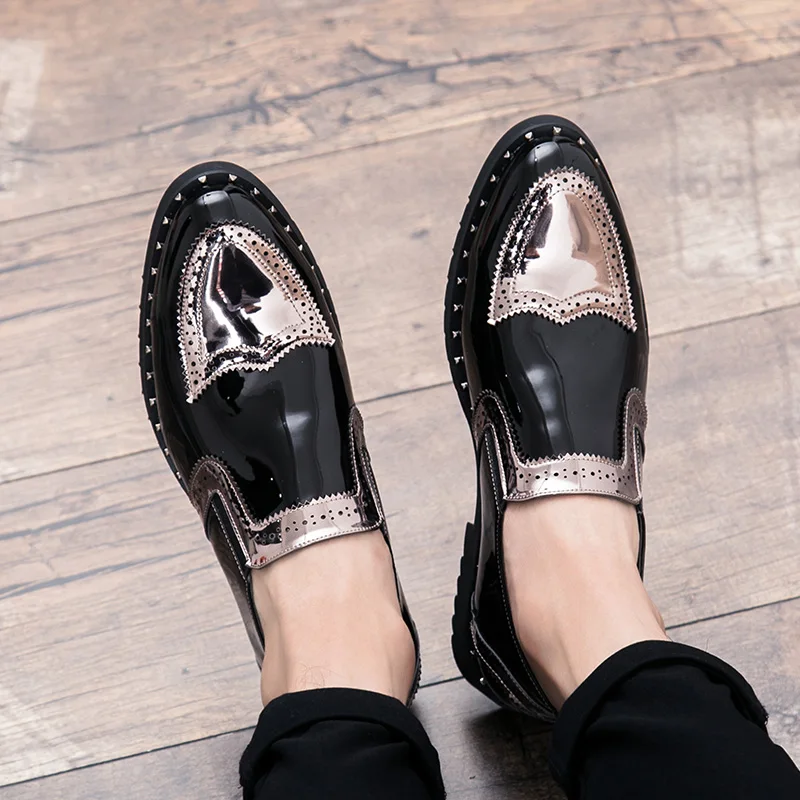 

plus size mens casual patent leather shoes slip-on brogues oxfords shoe hip hop punk style summer loafers bullock chaussures man