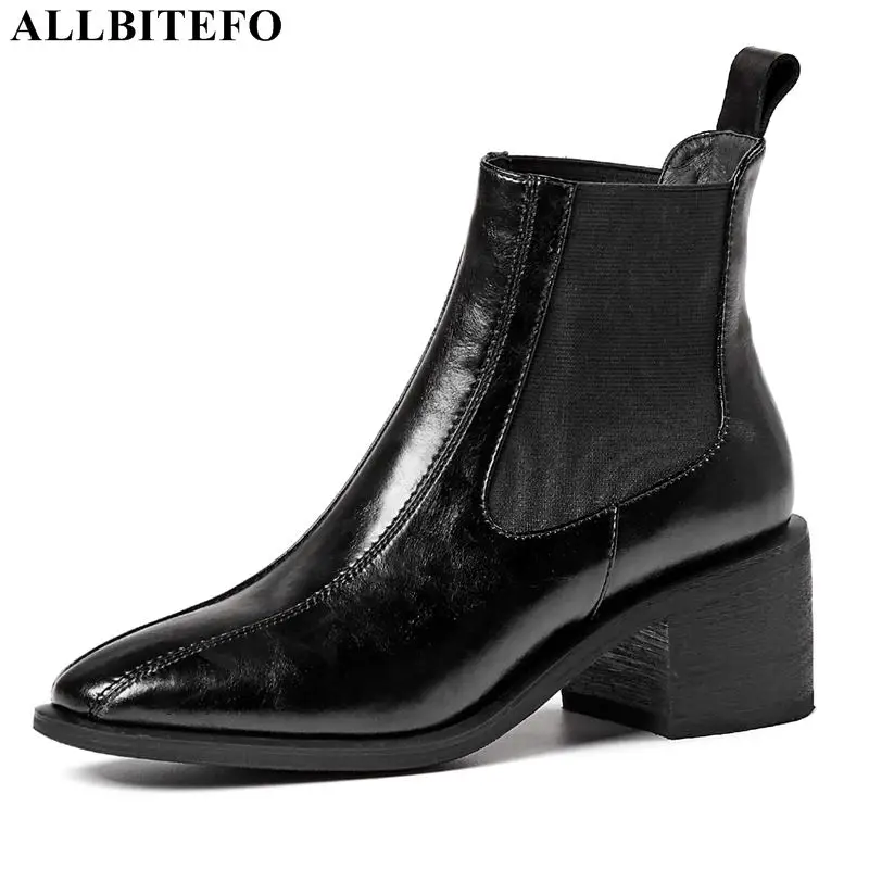 

ALLBITEFO size 34-42 thick heel real genuine leather women boots autumn fashion casual high heel shoes boots women's ankle boots