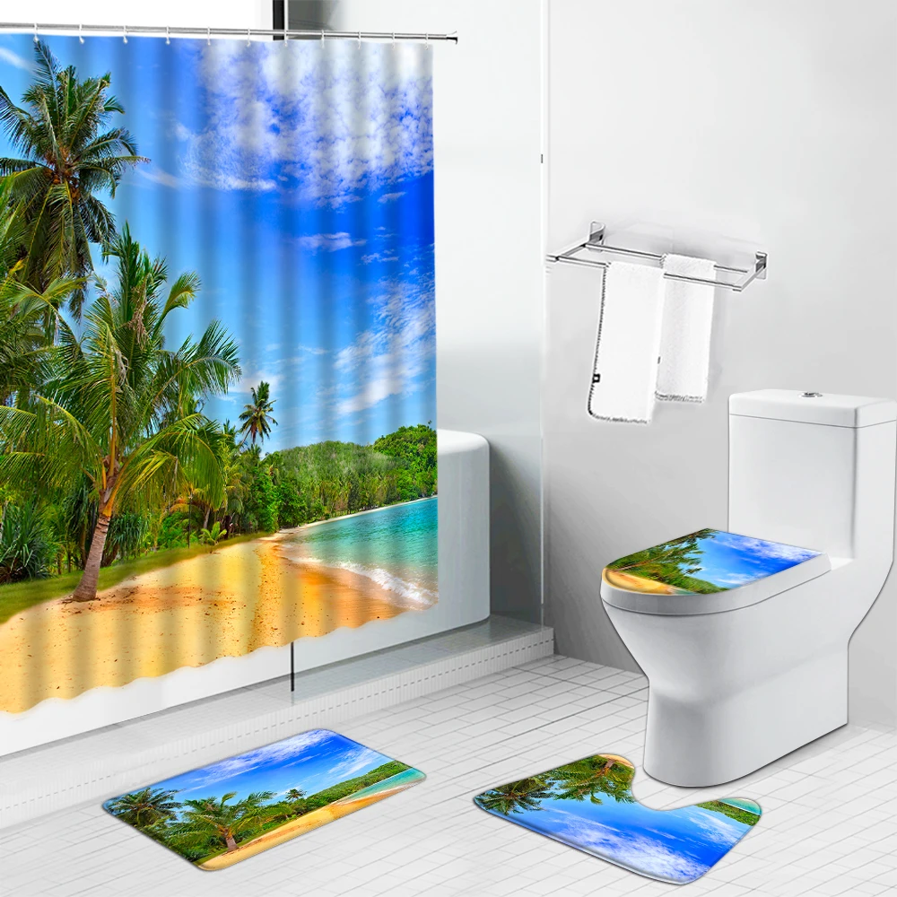 

Palm Tree Beach Ocean Landscape Shower Curtain Set Starfish Sailboat Sea Navigation Scenery Bathroom Toilet Cover Rugs Bath Mat