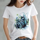 Женская футболка в стиле Харадзюку с изображением камеры и графического принта, летняя Модная Тонкая футболка с коротким рукавом, Повседневная Уличная футболка, топы