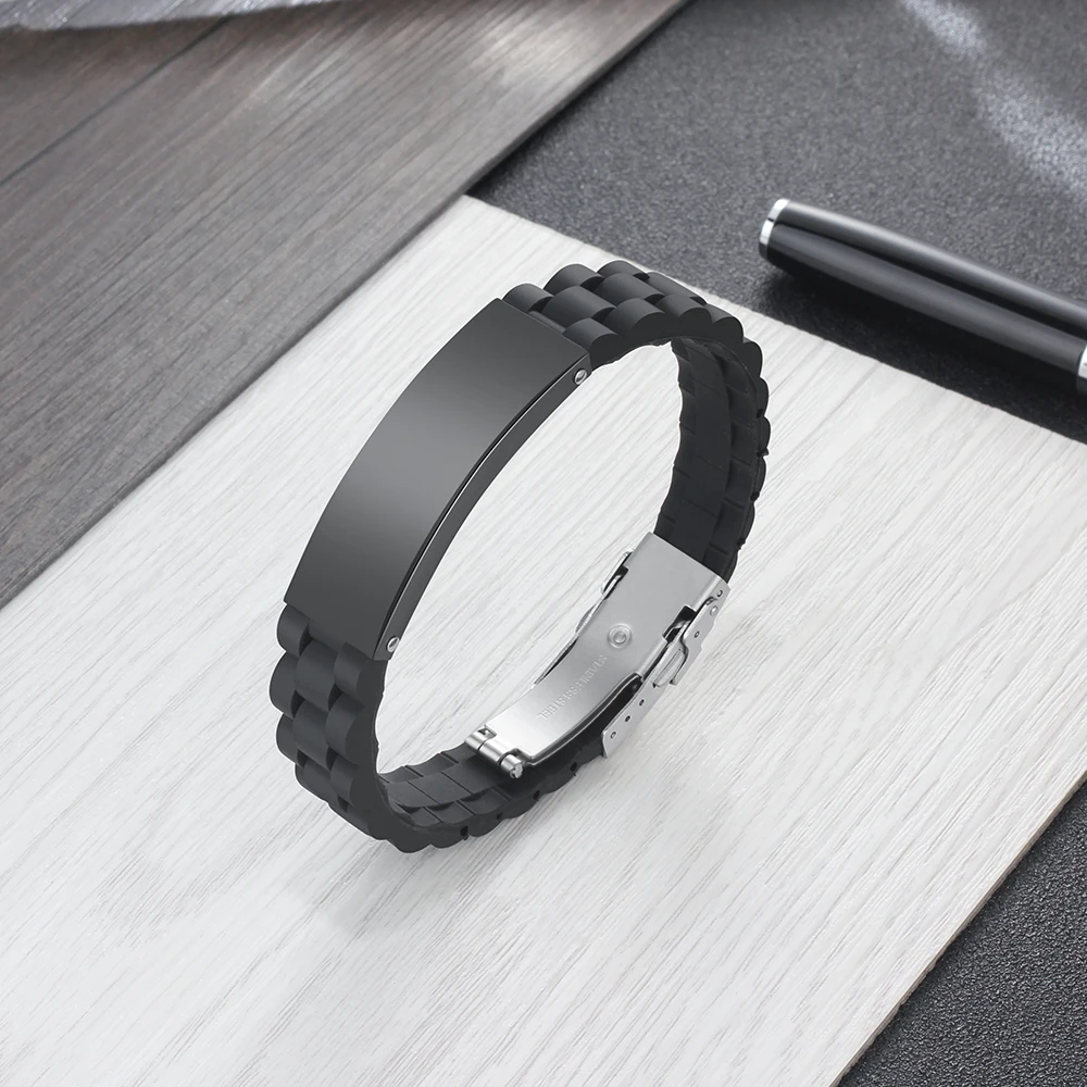 

Custom Engraved Name Silicone Stainless Steel ID Tag Bracelet Adjustable Sports Wristband Personalized Jewelry Gift for Him