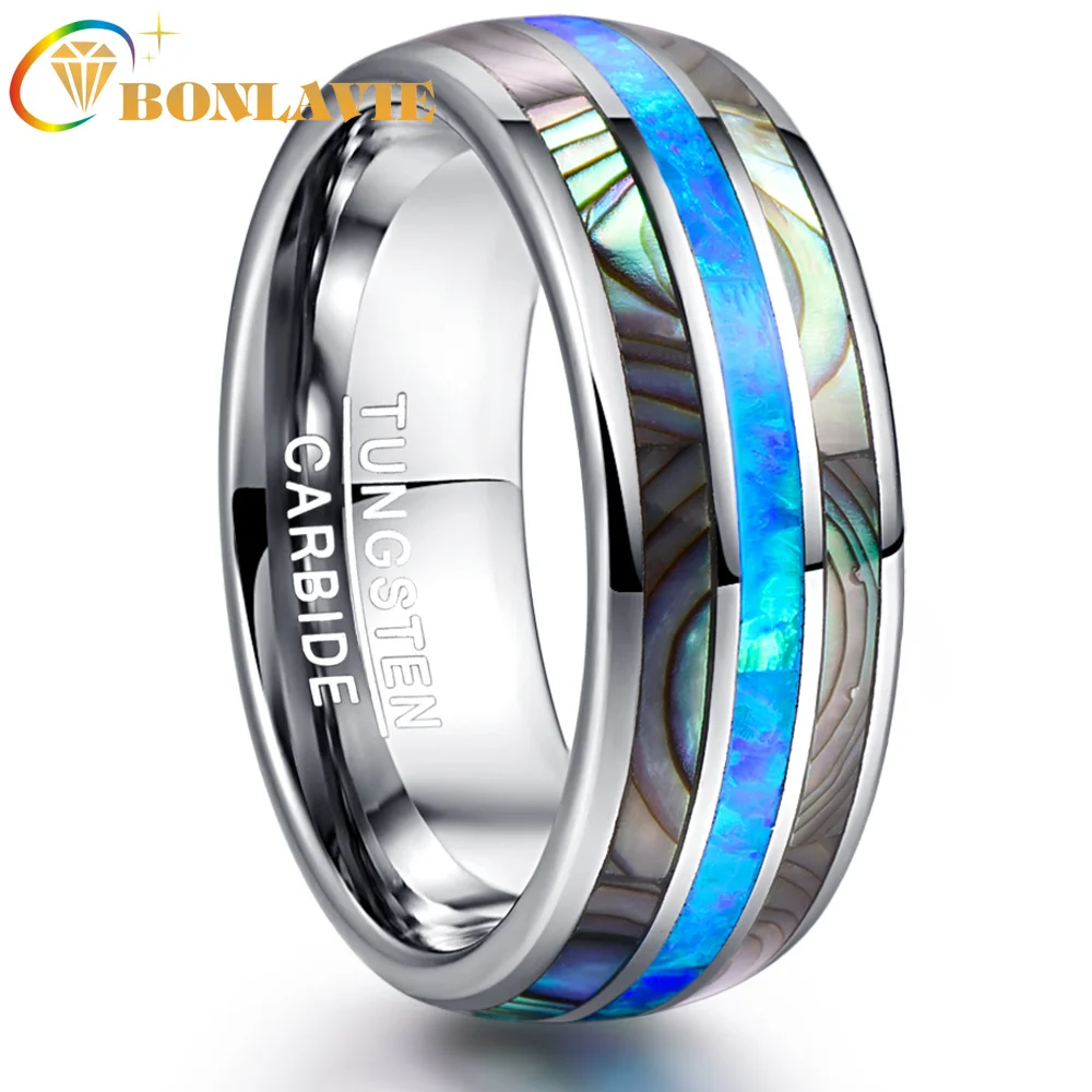 

8MM Wide Inlaid Shells Blue Opal Tungsten Steel Mens Rings Never Fade Engagement Ring Men Jewelry