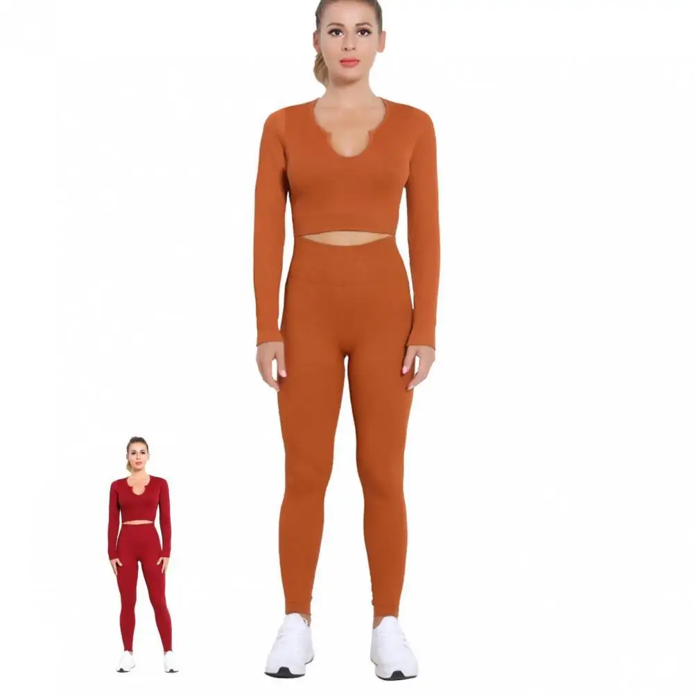 

Universal Indeformable Smell-less Ribbed Long Sleeve Crop Suit Workout Clothes Sets Seamless Yoga Leggings Set 1Set