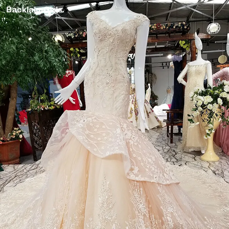 Свадебные платья Русалочки цвета шампанского с v образным вырезом без рукавов на