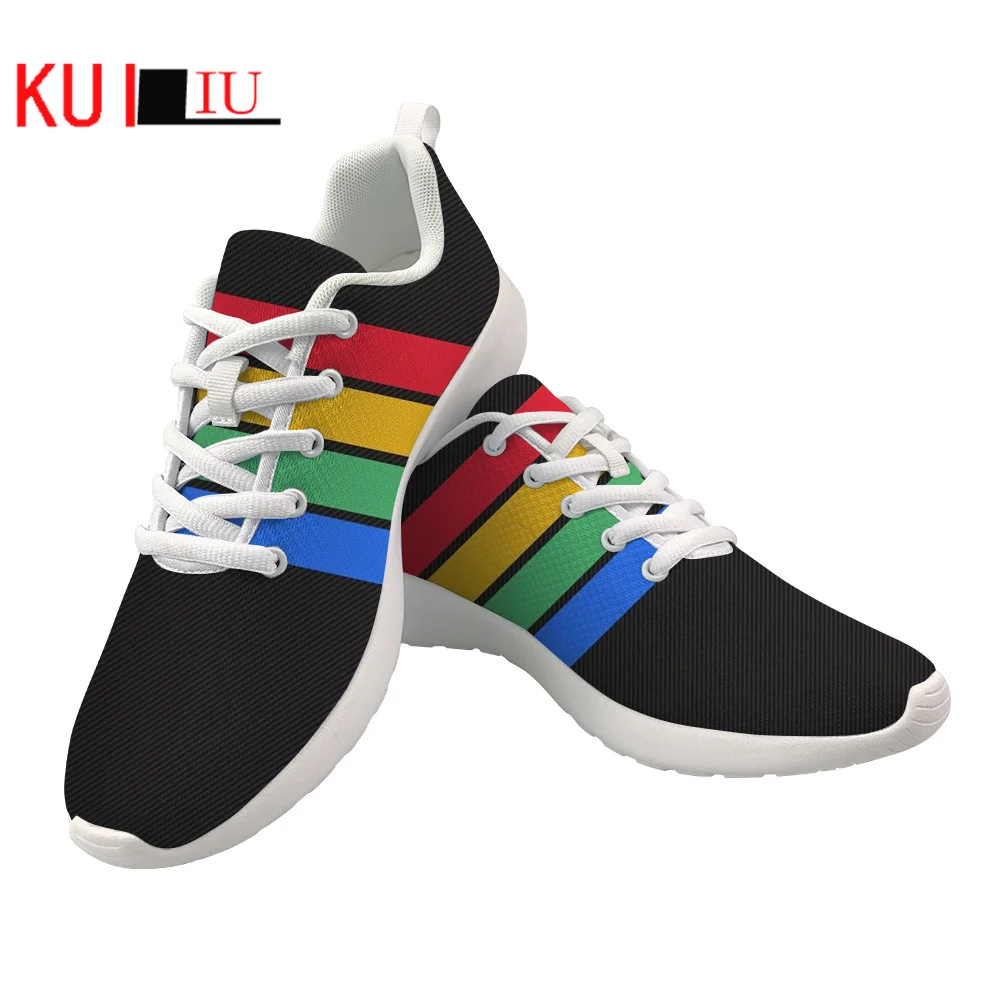 

KUILIU Fashion Women Men Flats Shoes Rainbow Stripes Mesh Sneakers Shoes Brand Designer Breathable Casual Footwear Zapatos