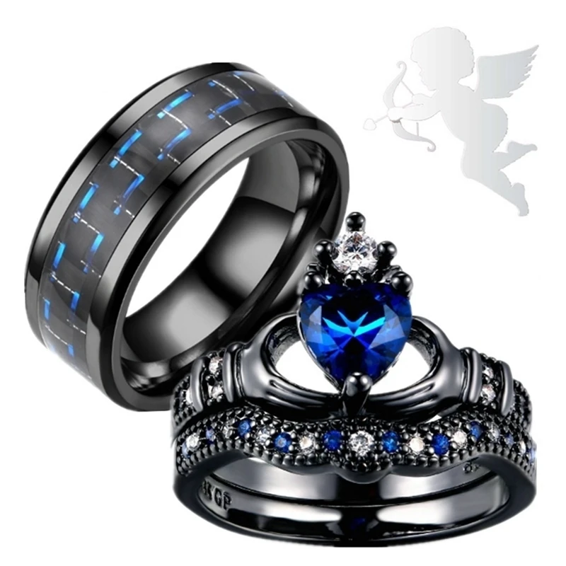 

Couple Rings - Men's Carbon Fiber Stainless Steel Ring and Women's Black Blue Crystal Wedding Engagement Heart Ring Set