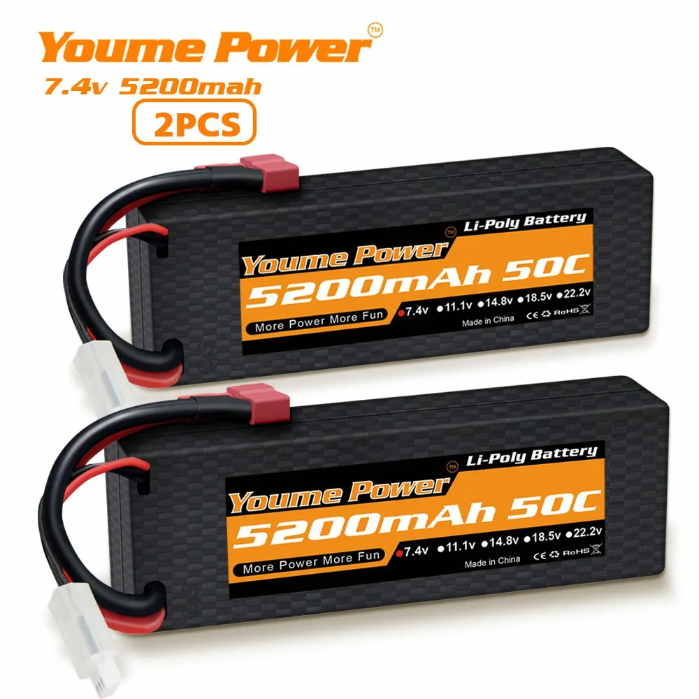 

2packs Youme 5200mAh 2S Lipo Battery 7.4V 50C 2S RC Battery with Deans Plug for RC Evader Boat Car Truck Truggy Buggy Tank