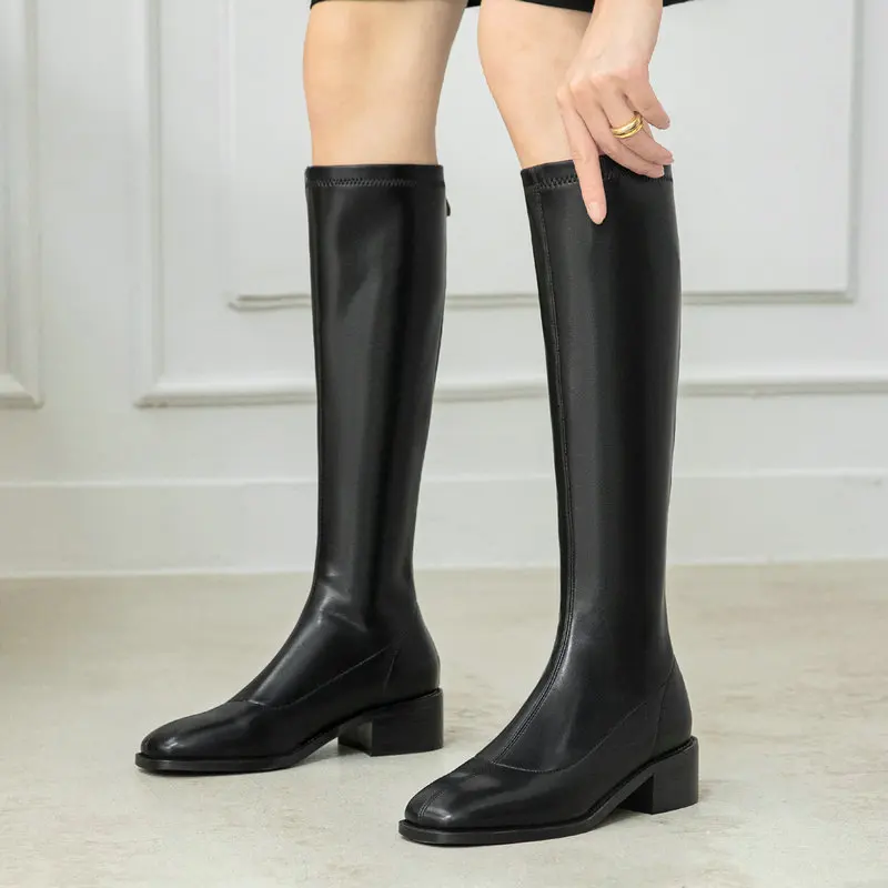 

Plus Size 43 Fashion Knee High Boots Women Faux Leather Chunky Heel Stretch Boots Square Toe Zipper Autumn Winter Woman Shoes