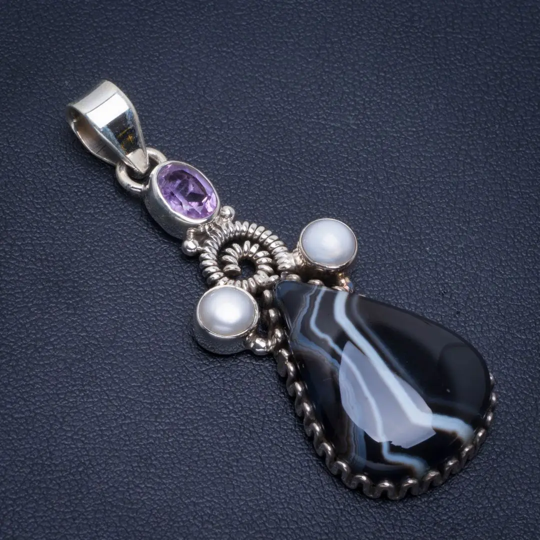 

Natural Botswana Agate,River Pearl and Amethyst Handmade Unique 925 Sterling Silver Pendant 2" B3390