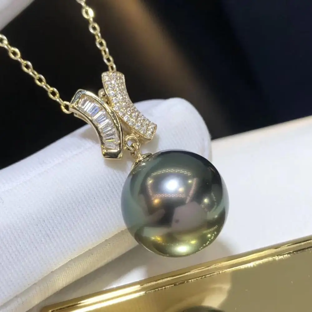 

D430 Pearl Pendant Fine Jewelry Solid 18K Gold Round 11-12mm Natural Ocean Sea Water Tahiti Black Pearls Pendants Necklaces
