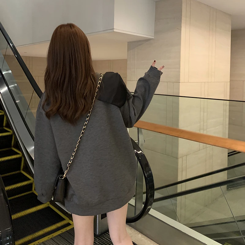 Женские толстовки большого размера топы с длинным рукавом и бантом серые круглым