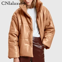 cnlalaxury solid pu leather parkas women fashion leather coats women elegant thick cotton jackets female ladies outwear tops