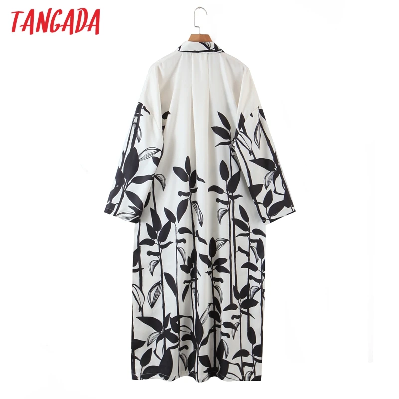 

Tangada Spring Fashion Women Flowers Print Oversized Shirt Dress Long Sleeve Office Ladies Midi Dress SL83
