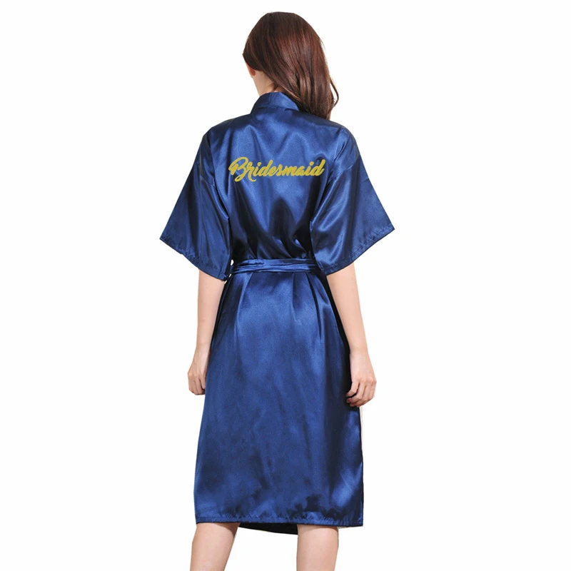 

Оптовая продажа, золотые блестящие Женские Длинные атласные шелковые халаты с надписью подружки невесты, кимоно, ночная рубашка, халат для невесты и спа, T31