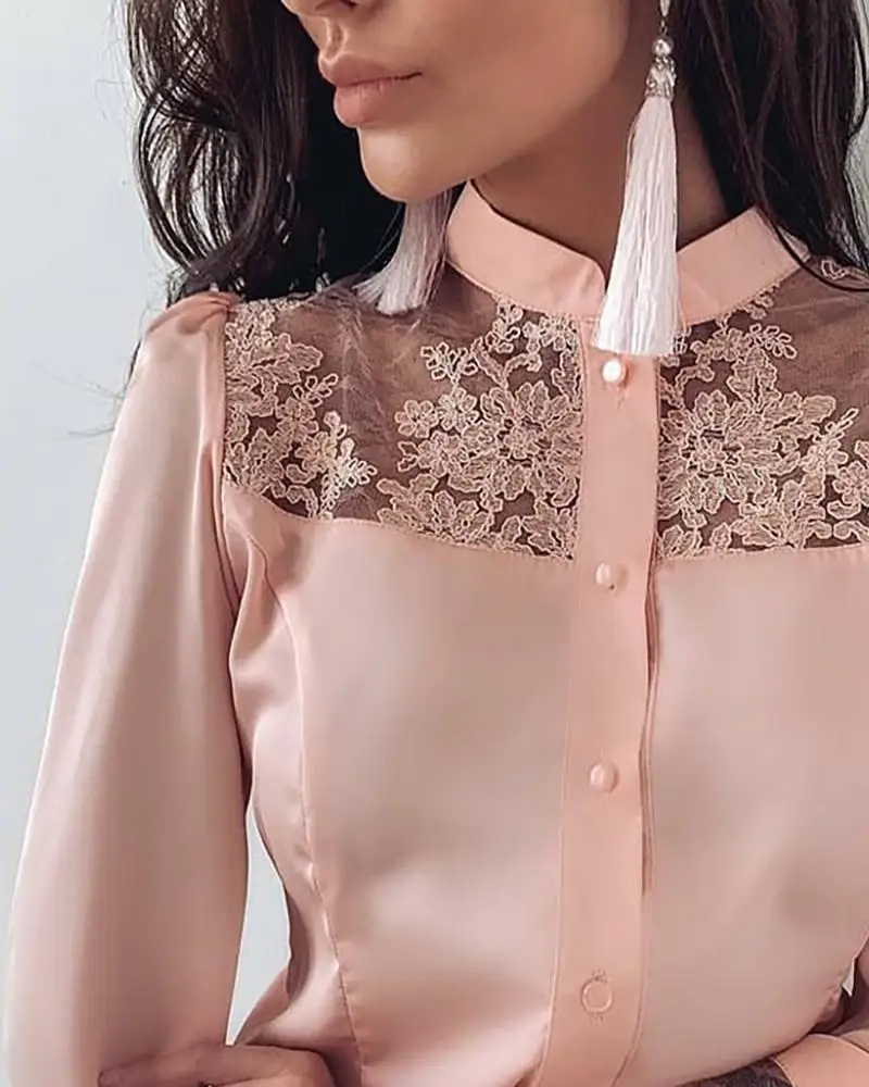 

Puff Sleeve Mesh Embroidery Insert Button Up Blouse High Quality