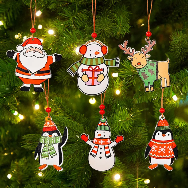 

6pcs Christmas Wooden Pendant Decoration Santa Claus Snowman Penguin Painted Pendant DIY Christmas Tree Decoration Home Decore