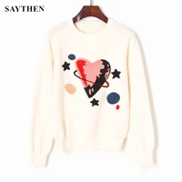 saythen autumn outfit new starry sky circle multicolor love theme embroidery five pointed star crew neck pullover women