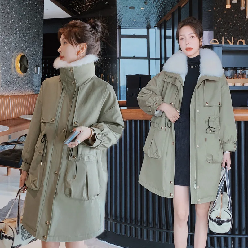 

2021 winter new fashion big fur collar plus velvet cotton coat women's warm long workloads overcome
